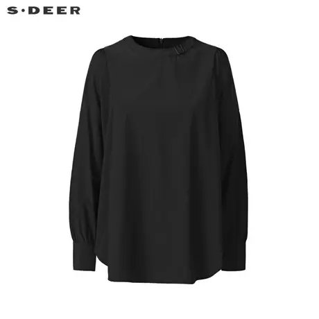 sdeer圣迪奥女22春夏新品简约复古圆领宽松黑色长袖衬衫S22180505图片