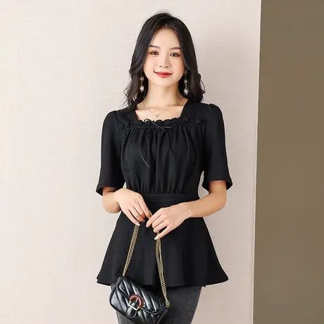 伊自尚2024年新款韩版大码女装夏季方领短袖上衣甜美显瘦雪纺衫女图片