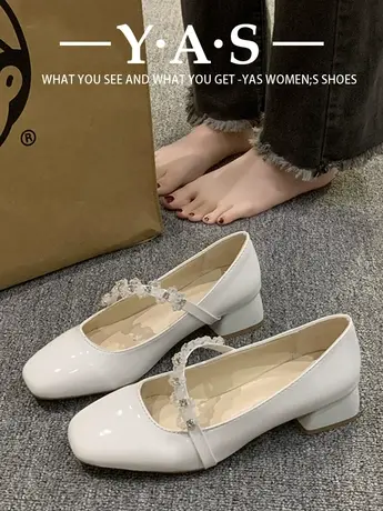 小香风方头浅口单鞋女23秋季新款漆皮一字扣带中跟玛丽珍鞋小皮鞋商品大图