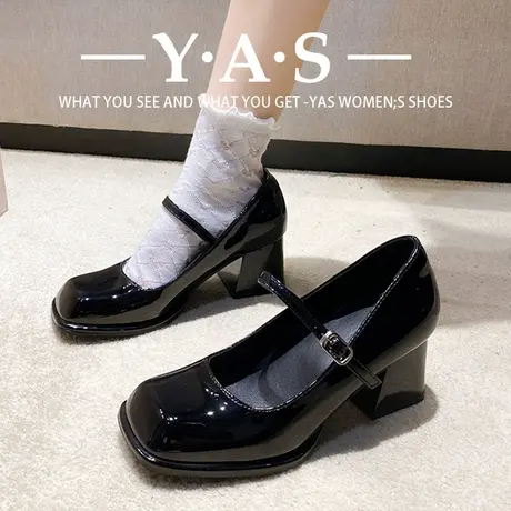 欧洲站小众设计爆款玛丽珍鞋法式小皮鞋方头粗跟单鞋黑色高跟鞋女图片