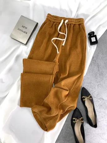 韩版抽绳宽松灯芯绒休闲长裤2023新款显瘦百搭高腰垂感松紧直筒裤图片