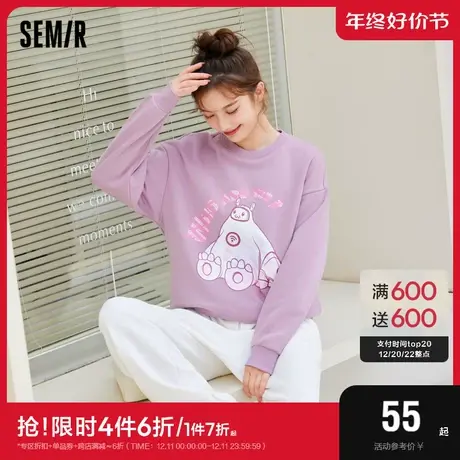森马卫衣女设计感图案2022冬季新款加绒保暖落肩套头衫宽松慵懒风图片