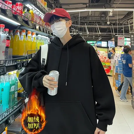 秋冬款oversize美式复古加绒连帽新款卫衣男慵懒chic潮牌情侣外套商品大图