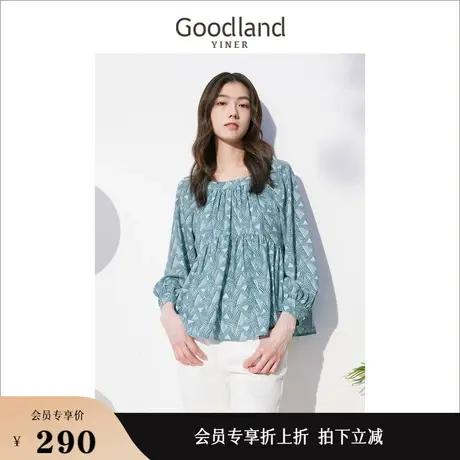 Goodland美地女装秋季泡泡袖上衣设计感印花衬衫商品大图