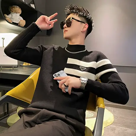 半高领毛衣男冬季2023新款ins拼色条纹高级感休闲打底针织衫线衣商品大图