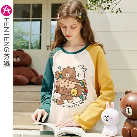 芬腾布朗熊睡衣女春秋纯棉长袖圆领卡通韩版少女可外穿家居服套装商品大图