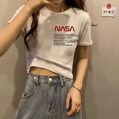 字母印花T恤女装2023夏季ins潮流港风修身短款设计感小众短袖上衣商品大图