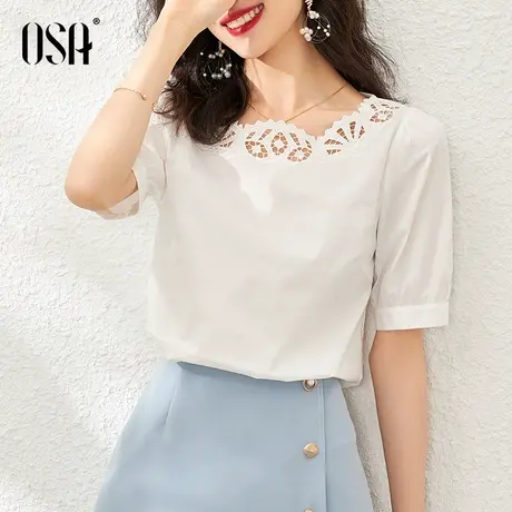 OSA气质白色短袖雪纺衫女夏季2021新款时尚洋气设计感泡泡袖上衣商品大图