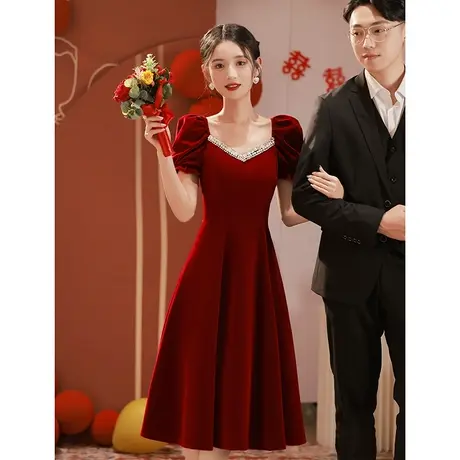 敬酒服新娘小个子法式方领泡泡袖订婚礼服女夏季酒红色连衣裙简约商品大图