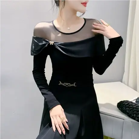 时尚气质圆领网纱拼接蝴蝶结长袖打底衫设计感上衣女修身百塔T恤图片