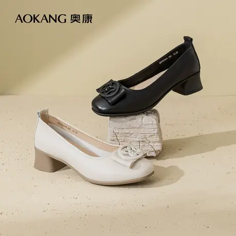 奥康女鞋 2024春季新款舒适真皮枕头鞋气质通勤OL低跟粗跟小皮鞋商品大图