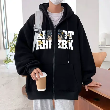 慵懒风美式卫衣外套男春秋季潮牌宽松休闲情侣款chic连帽拉链开衫商品大图