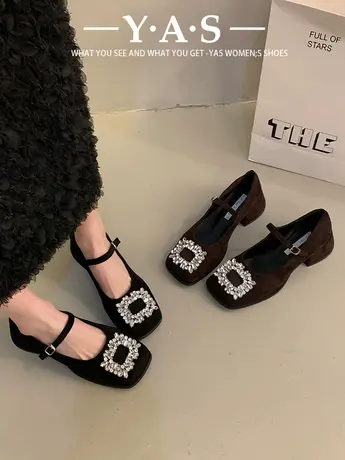 粗跟方头水钻高级感单鞋女鞋子2024新款春秋季高跟鞋气质通勤鞋图片