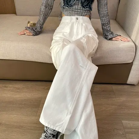 美式阔腿工装裤女2024年春季新款白色小个子复古窄版直筒牛仔裤潮商品大图