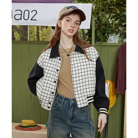 a022024春季新款撞色拼接小翻领棒球服格纹休闲百搭女式外套图片