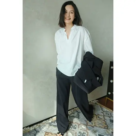 2024春夏新款立领单珍珠扣慵懒风上衣  宽松简约小蜜蜂长袖衬衣女图片