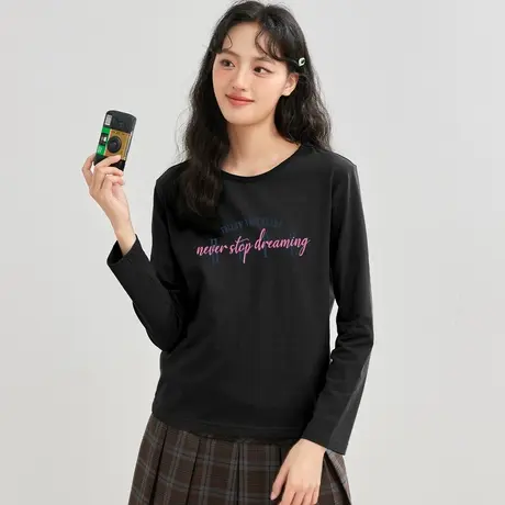 真维斯Z+女装 多色圆领长袖T恤少女心合身显瘦百搭纯棉正肩上衣X图片