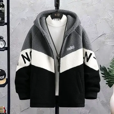 羊羔毛绒外套男韩版拼接撞色颗粒绒棉衣学生高中生潮牌摇粒绒上衣商品大图