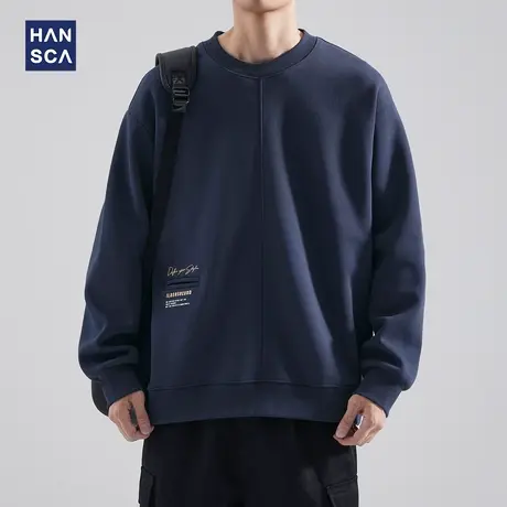 hansca美式圆领休闲卫衣男秋季360g重磅宽松大码内搭刺绣拼接外套商品大图