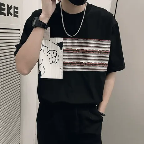 夏季T恤男2024新款宽松网红高级感潮牌短袖上衣ins印花体恤半截袖商品大图