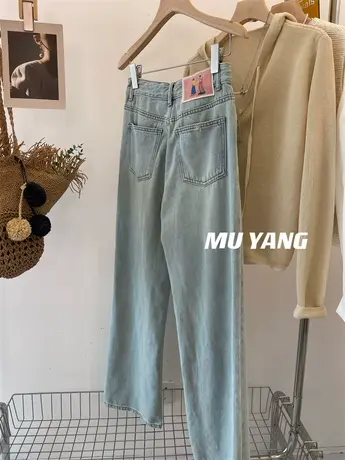 显瘦呦 五星推荐！人物粉色标浅蓝色复古牛仔直筒阔腿裤女长裤春图片