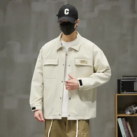 秋天男装卡其色高端排扣棒球服春秋款潮牌翻领夹克外套秋季上衣服图片