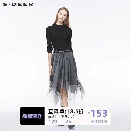 sdeer圣迪奥罗纹圆领松紧网纱不规则拼接针织连衣裙S19481223图片