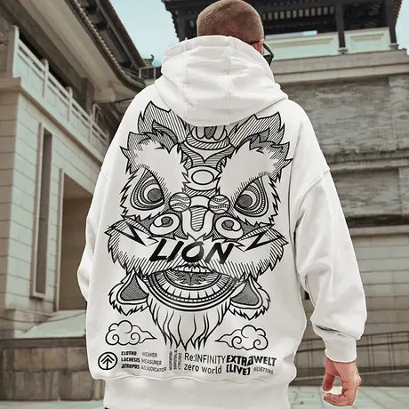 国潮中国风醒狮连帽衫大码加绒oversize潮牌外套胖子卫衣男潮商品大图