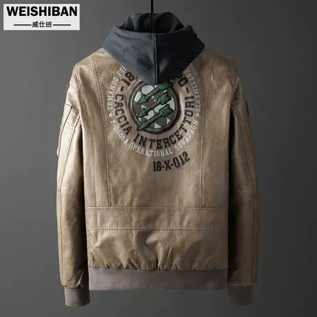 威仕班男装秋冬季商务休闲刺绣徽章飞行员皮衣潮流帅气夹克外套图片