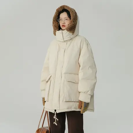 omont蛋挞家 粉色连帽工装羽绒服冬季女2023年新款宽松派克服外套商品大图