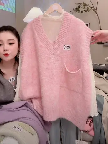 慵懒风粉色韩版毛衣马甲女宽松显瘦中长款针织套头衫叠穿背心上衣图片