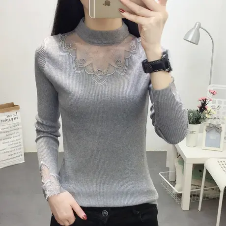 圆领修身长袖蕾丝打底衫网纱短款内搭很仙的时尚小衫针织衫毛衣女商品大图