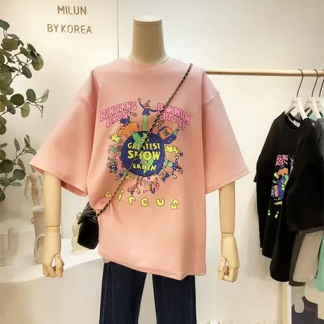 2021早春款磨毛半袖T恤韩国东大门卡通中长款秋冬打底衫大码欧货商品大图