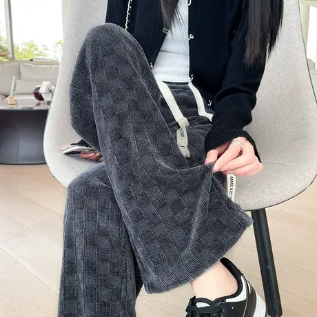 灯芯绒阔腿裤女2023年春秋新款高腰直筒宽松小个子灰色休闲条绒裤商品大图