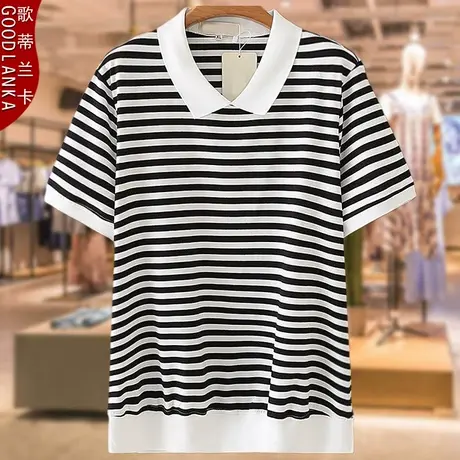 夏装大码条纹POLO衫短袖200斤洋气减龄时尚中年胖妈妈宽松纯棉T恤商品大图