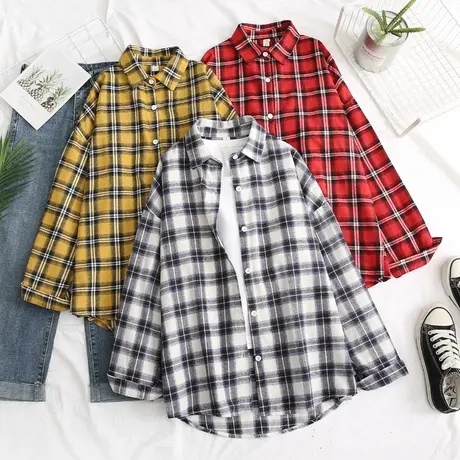 磨毛纯棉黑白格子衬衫女长袖春秋装2020新款宽松百搭复古衬衣外套商品大图