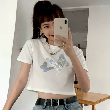 网红修身显瘦短袖t恤女2020韩版学生ins超火短款高腰露脐上衣夏潮商品大图