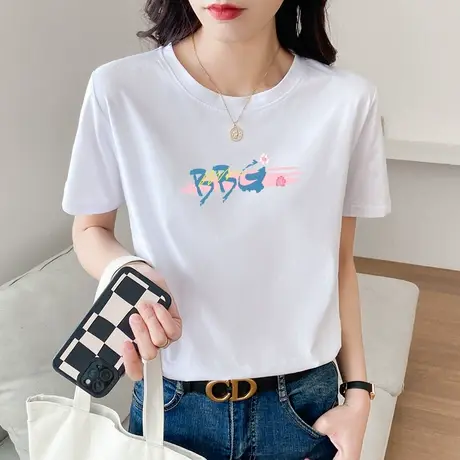 夏季2022年新款白色t恤女装纯棉字母印花短袖体恤宽松百搭上衣潮商品大图