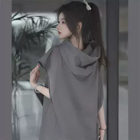 春秋薄款中长款连帽卫衣女无袖宽松显瘦打底衫马甲休闲港味马夹潮商品大图