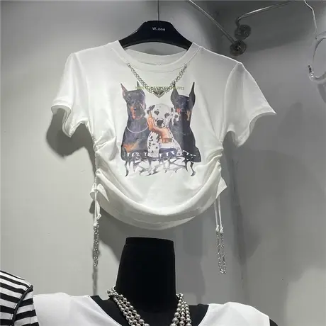 杜宾犬印花短袖T恤女韩版Chic夏季侧边抽绳短款修身套头洋气上衣商品大图