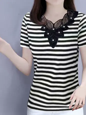 大码条纹t恤女短袖中年妈妈夏装2023新款仿棉宽松女士洋气上衣服图片