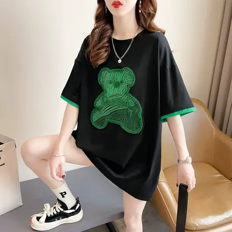 设计感小众短袖t恤女夏季韩版宽松大码女装中长款假两件上衣服潮图片