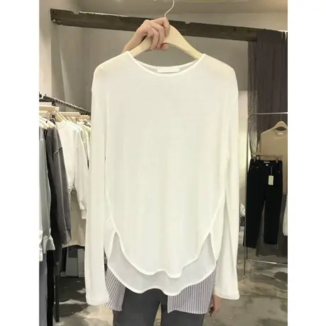 白色长袖t恤女2023年夏季新款防晒上衣宽松薄款开叉内搭打底罩衫商品大图