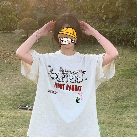 纯棉oversize白灰色短袖t恤女夏季新款宽松半袖港味复古chic上衣图片