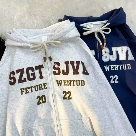 港味chic连帽开衫卫衣女秋冬季加绒加厚ins潮牌宽松大码拉链外套图片