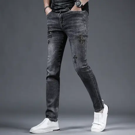 潮牌黑色牛仔裤男款修身小脚裤春秋季烫钻潮流弹力男士牛仔裤长裤商品大图