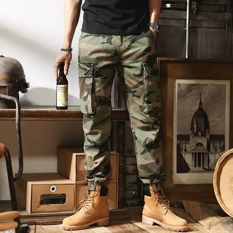 工装迷彩裤男潮牌宽松直筒多口袋户外耐磨纯棉复古百搭休闲束脚裤商品大图