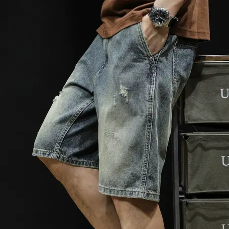 破洞牛仔短裤男士五分裤夏季复古潮牌2023新款宽松大码5分裤子男商品大图