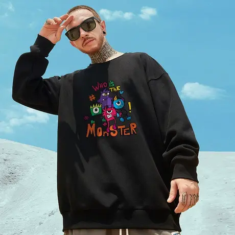 国潮oversize卡通圆领卫衣男潮牌ins潮流大码男加绒加厚无帽秋冬商品大图