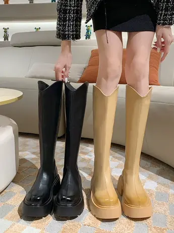 2023秋冬新款网红长筒靴女高跟时装靴粗跟高筒骑士靴增高显瘦瘦靴商品大图